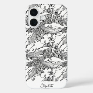 Coque Pour iPhone 16 Baleine à bosse noire et blanche sur mesure