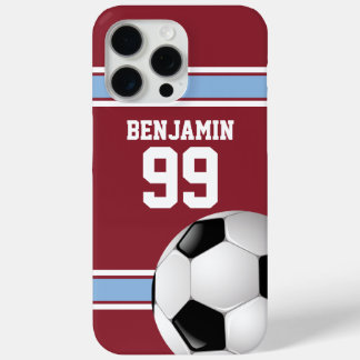 Coque iPhone 15 Pro Max Balle de soccer Jersey Claret Blue Stripes