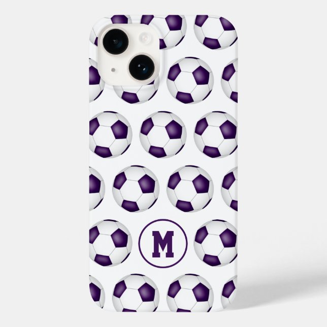 Coques Case-Mate iPhone ballons de football blanc violet motif monogrammé (Verso)
