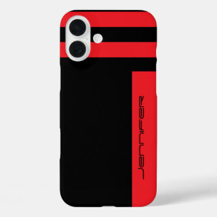 Coques iPhone 16 Plus Bande à deux voies rouge minimaliste, nom,