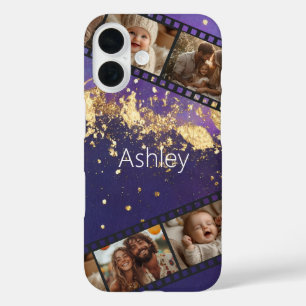 Coque Pour iPhone 16 Bande de film Feuille violet et or