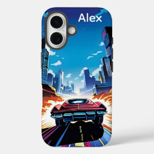 Coque Pour iPhone 16 Bande dessinée voiture allant vite Personnalisé