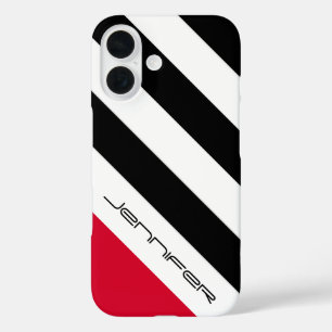 Coques iPhone 16 Bande diagonale noire et blanche, nom, minimaliste