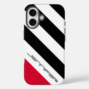 Coques iPhone 16 Bande diagonale rouge noire, nom, minimaliste