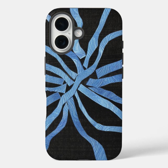 Coques Case-Mate iPhone Bandes bleues entrelacées sur fond noir (Verso)