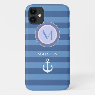 Coque Case-Mate iPhone bandes bleues et ancre monogrammée