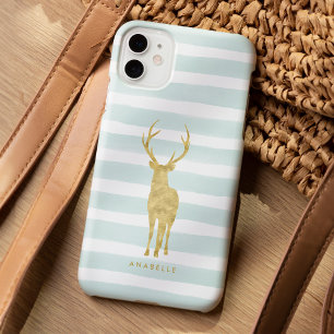 Coque Case-Mate iPhone Bandes d'aquarelle de menthe et cerfs d'or