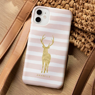 Coque iPhone 15 Pro Max Bandes d'aquarelle rose et cerfs d'or