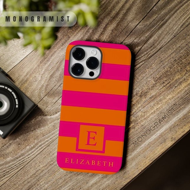 Coques Case-Mate iPhone Bandes de couleur orange rose profond personnalisé (Custom Deep Pink Orange Color Stripes Case-Mate iPhone Case)