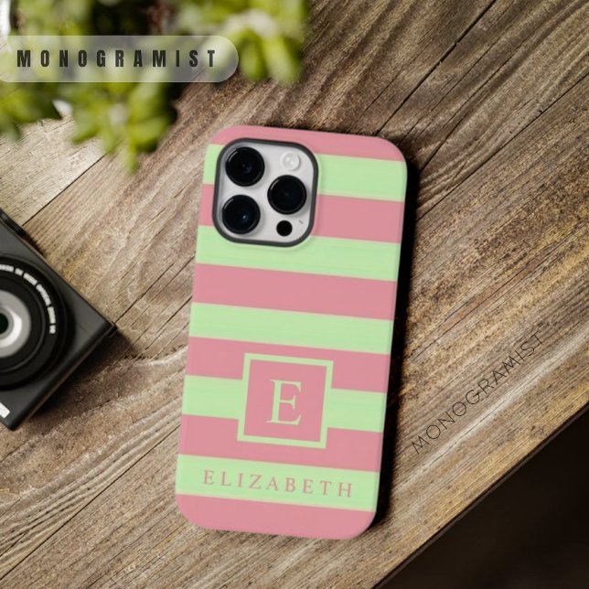 Coques Case-Mate iPhone Bandes de couleur vert rose pastel souple personna (Customizable Soft Pastel Pink Green Color Stripes Case-Mate iPhone Case)