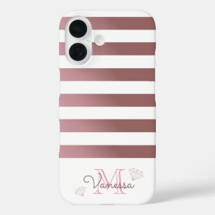 Coque Pour iPhone 16 Bandes de monogramme d'or rose avec diamants géomé