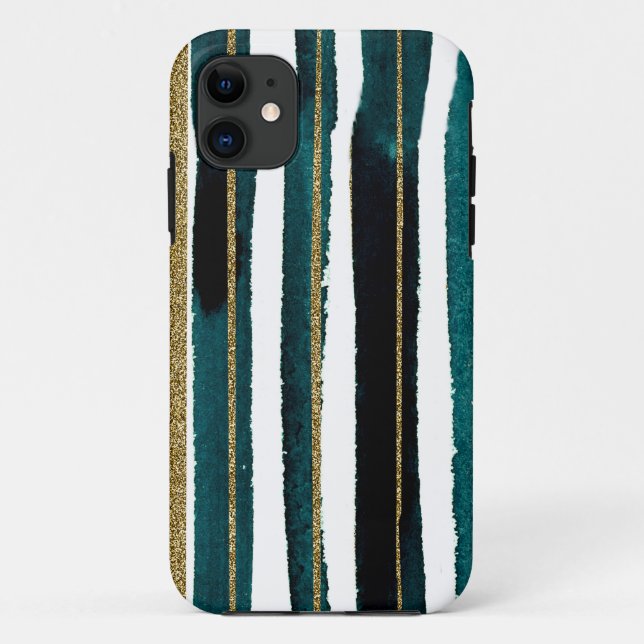 Coques Case-Mate iPhone Bandes de paillettes vertes et dorées  (Dos)