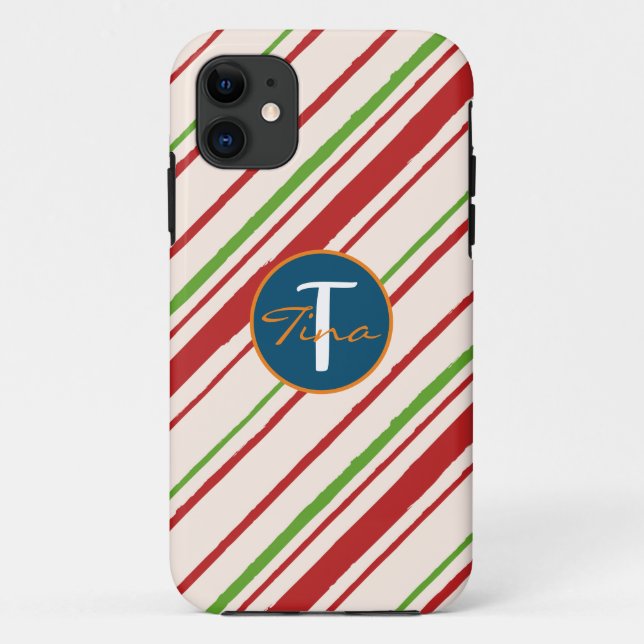 Coques Case-Mate iPhone Bandes monogrammées mignonnes rouge et vert (Dos)