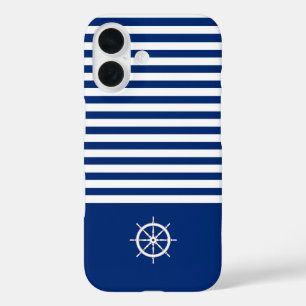 Coque Pour iPhone 16 Bandes Nautiques+Navires Roue Bleu+Blanc