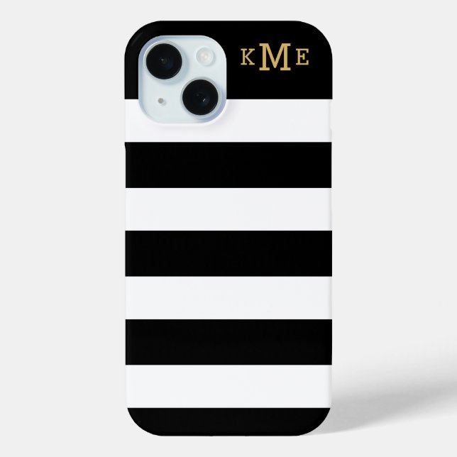 Coques Case-Mate iPhone Bandes noires et blanches chics avec Monogramme or (Verso)