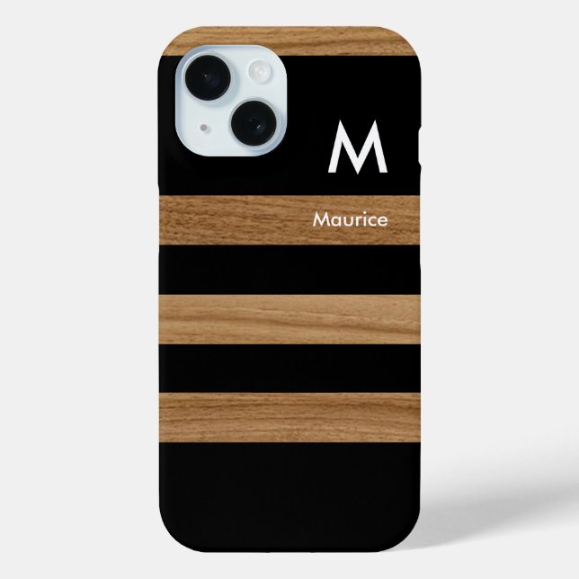 Coques Case-Mate iPhone Bandes noires sur bois avec nom et initiale (Verso)