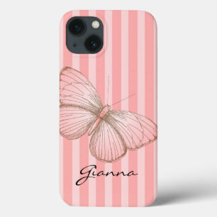 Etui iPhone 13 Bandes roses avec papillon