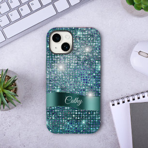 Coque Case-Mate iPhone Bannière turquoise étincelle Bleu Gem Glam