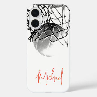 Coque Pour iPhone 16 Basket-ball noir et blanc & Net Votre nom