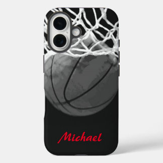 Coque Pour iPhone 16 Basket-ball Votre nom Black White Red