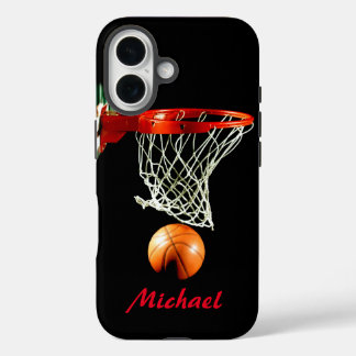 Coque Pour iPhone 16 Basket-ball Votre nom Black White Red