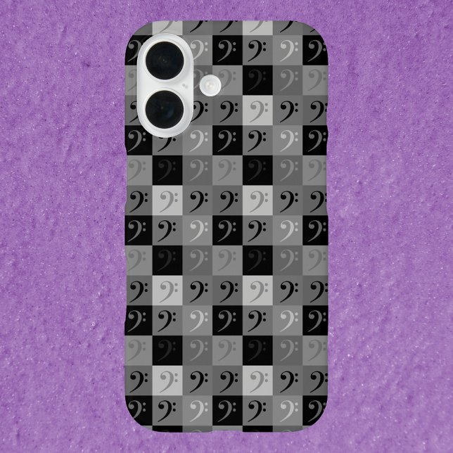Coques Case-Mate iPhone Bass Clef Music Motif gris et noir (A phone case with a pattern of bass clefs done in blacks and grays.)