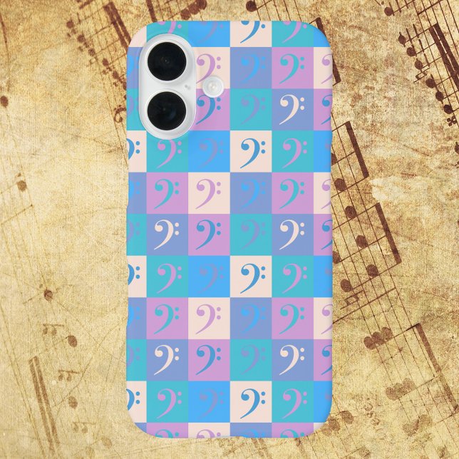 Coques Case-Mate iPhone Bass Clef Music Pastel Pattern (A phone case with a pattern of bass clef symbols in a variety of colors.)