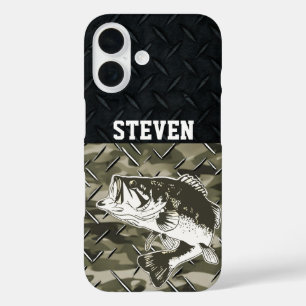 Coque Pour iPhone 16 Bass Fishing Black Camo Diamond Plate Dehors