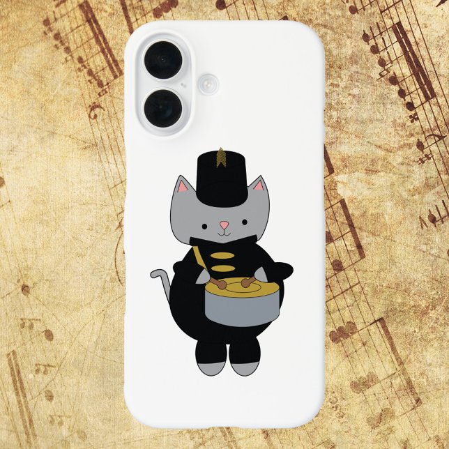 Coques Case-Mate iPhone Batterie de Marquage de tambour Chat Black Gold (A phone case with a cat playing the snare drum while wearing a black & gold marching band uniform)