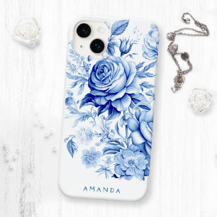 Coque Case-Mate iPhone Beau bleu/blanc Roses personnalisés