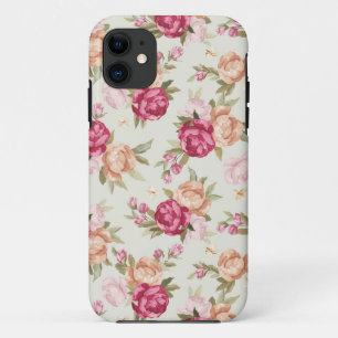 Coque iPhone 11 Beau motif de pivoine de couleur sur le vert