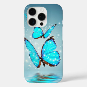 Coque iPhone 16 Pro beau papillon bleu brillant