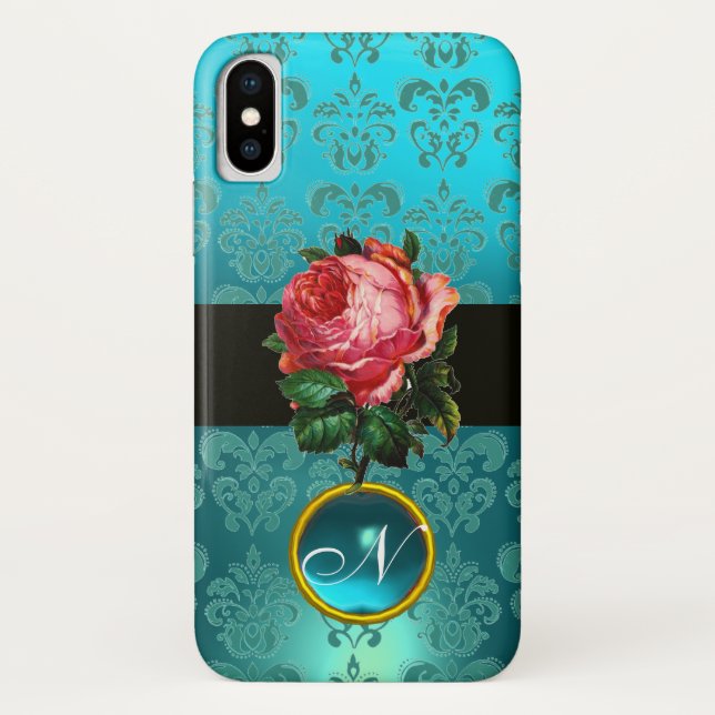COQUES Case-Mate iPhone BEAU ROSE ROSE BLEU TURQUOISE DAMASK GEM MONOGRAM (Dos)
