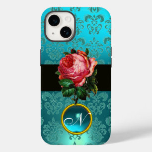 COQUE POUR iPhone 14 BEAU ROSE ROSE BLEU TURQUOISE DAMASK GEM MONOGRAM
