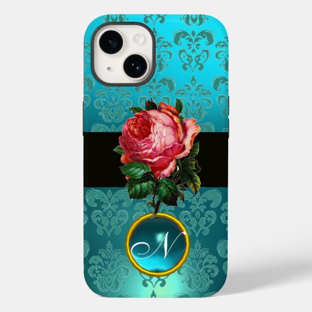 COQUES Case-Mate iPhone BEAU ROSE ROSE BLEU TURQUOISE DAMASK GEM MONOGRAM (Verso)