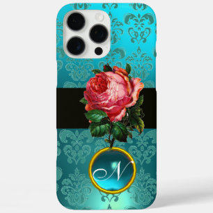 COQUE iPhone 16 PRO MAX BEAU ROSE ROSE BLEU TURQUOISE DAMASK GEM MONOGRAM