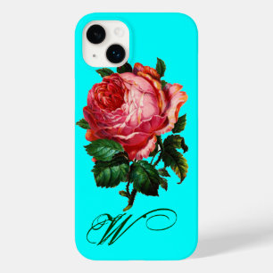 Coque Pour iPhone 14 Plus BEAU ROSE ROSE ROSE MONOGRAM, Turquoise Aqua Blue