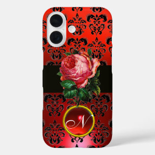 COQUES iPhone 16 BEAU ROSE ROSE ROSE ROUGE BLACK DAMASK RUBY MONOGR