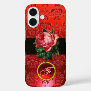 COQUES iPhone 16  BEAU ROSE ROSE ROSE ROUGE BLACK DAMASK RUBY MONOGR
