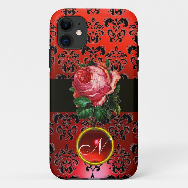 COQUES Case-Mate iPhone BEAU ROSE ROSE ROSE ROUGE BLACK DAMASK RUBY MONOGR (Dos)