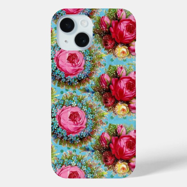 COQUES Case-Mate iPhone BEAU ROSE ROUGE ROSE ROSE ET FLEURS BLEUES (Verso)