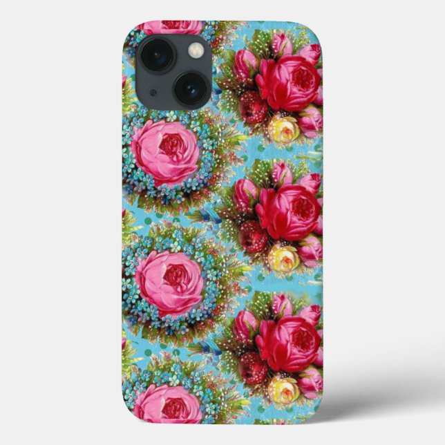 COQUES Case-Mate iPhone BEAU ROSE ROUGE ROSE ROSE ET FLEURS BLEUES (Verso)