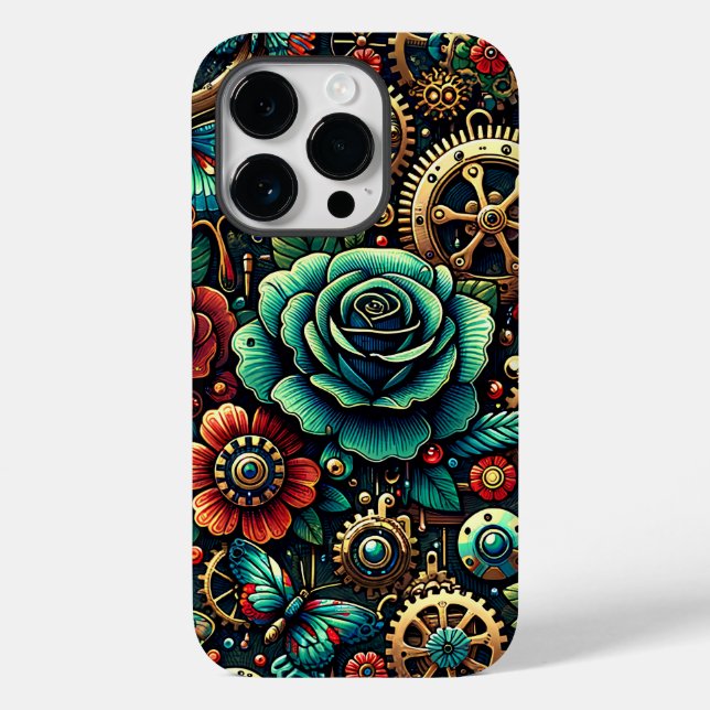 Coques Case-Mate iPhone Beaux engrenages et roses sur le thème Steampunk (Verso)