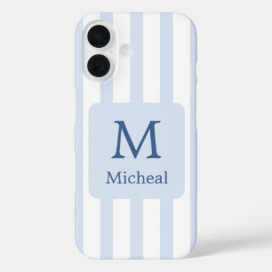 Coque Pour iPhone 16 Bébé Bleu Stripes Garçon Monogramme Classique