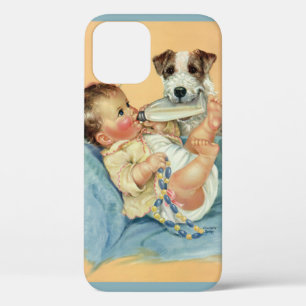 Coque iPhone 12 Bébé garçon mignon vintage avec biberon et chiot