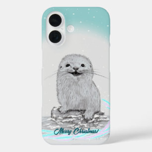 Coque Pour iPhone 16 Bébé loutre de mer blanche mignonne, Joyeux Noël