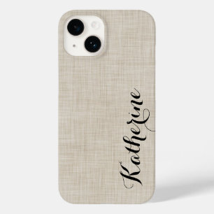 Coque Pour iPhone 14 Beige Faux Linge Texture Personnalisé Monogramme