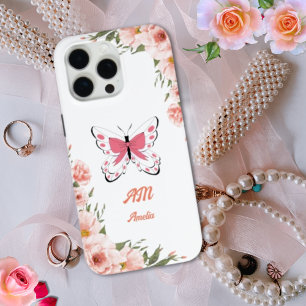 Coque Case-Mate iPhone Belle Fleurs Roses Papillon Fille Nom