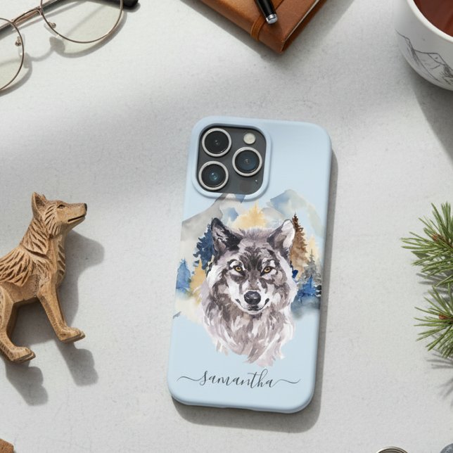 Coques Case-Mate iPhone Belle tête de loup aquarelle Monogramme de la forê (Créateur téléchargé)