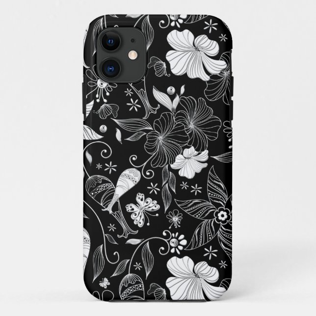 Coques Case-Mate iPhone Belles fleurs rétro en noir et blanc motif (Dos)